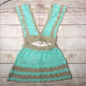 Boho Festival Mint & Tan Crochet Swim Cover-Up Crop Top and Mini Layering Skirt
